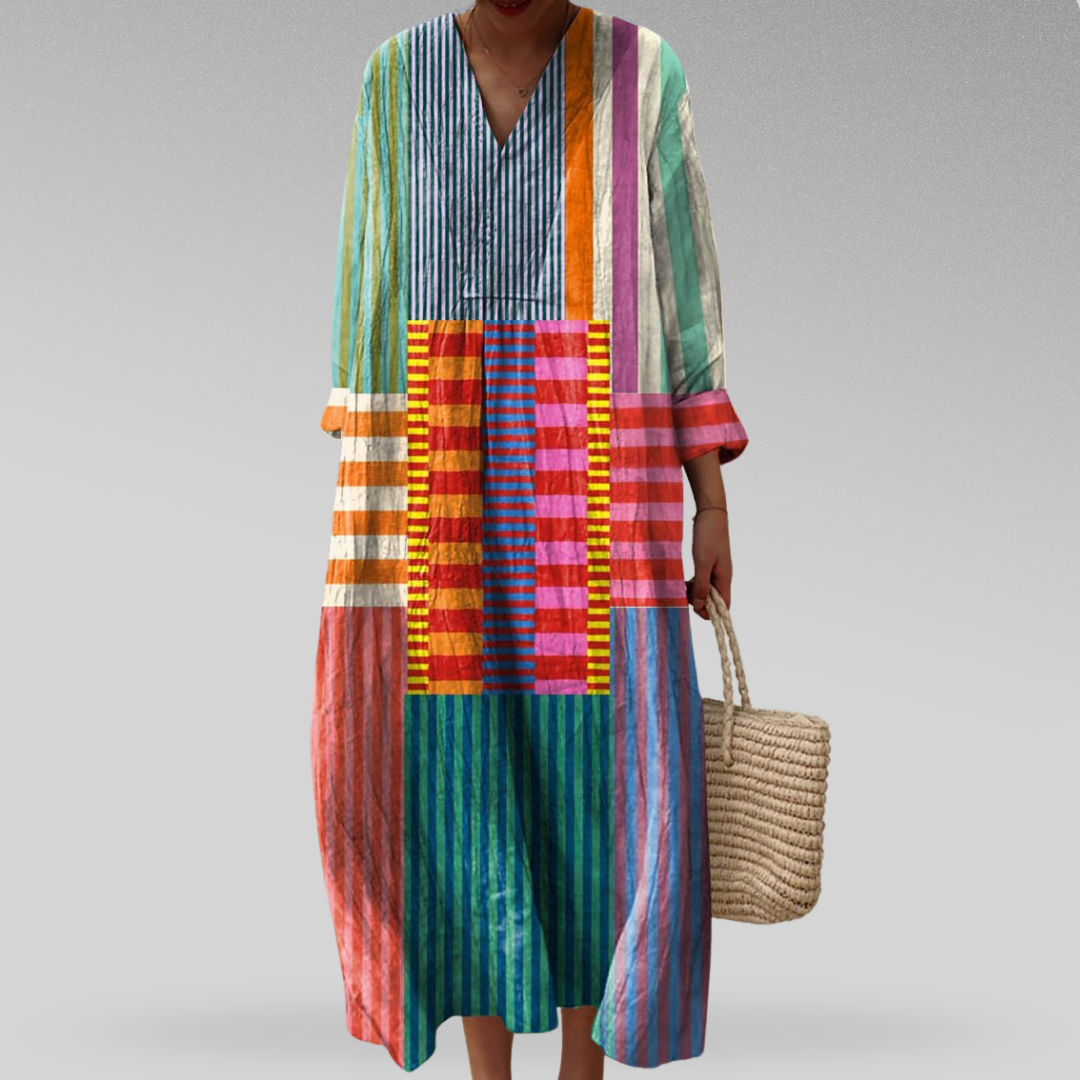 Maren | Oversized maxikjole i lin med stripete fargefelt – XS