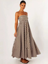 Margaux | Stroppløs maxikjole i brun bomull med striper og fullt skjørt – S