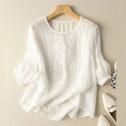 Marlowe | Brodert bluse i bomull med trekvartermer