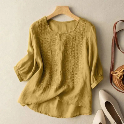 Marlowe | Brodert bluse i bomull med trekvartermer – Gul