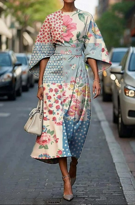 Mira | Elegant beltet midikjole i silke med kimonoermer
