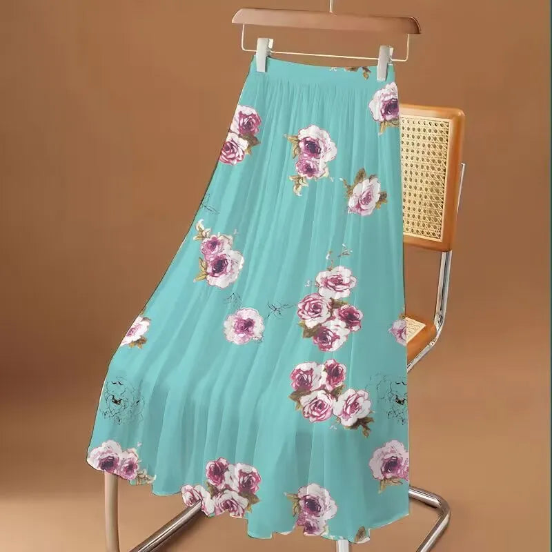 Fasjonabelt langt chiffongskjørt med blomstermønster