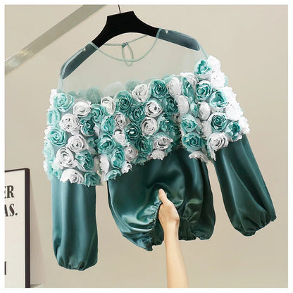 Bluse med 3D-blomsterroser