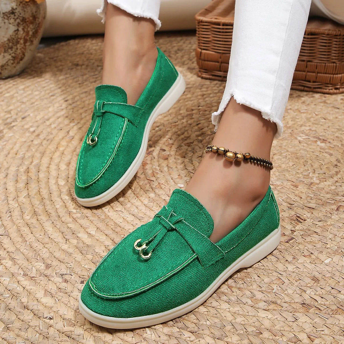 Slip-on loafers i skinn og kasjmir for damer