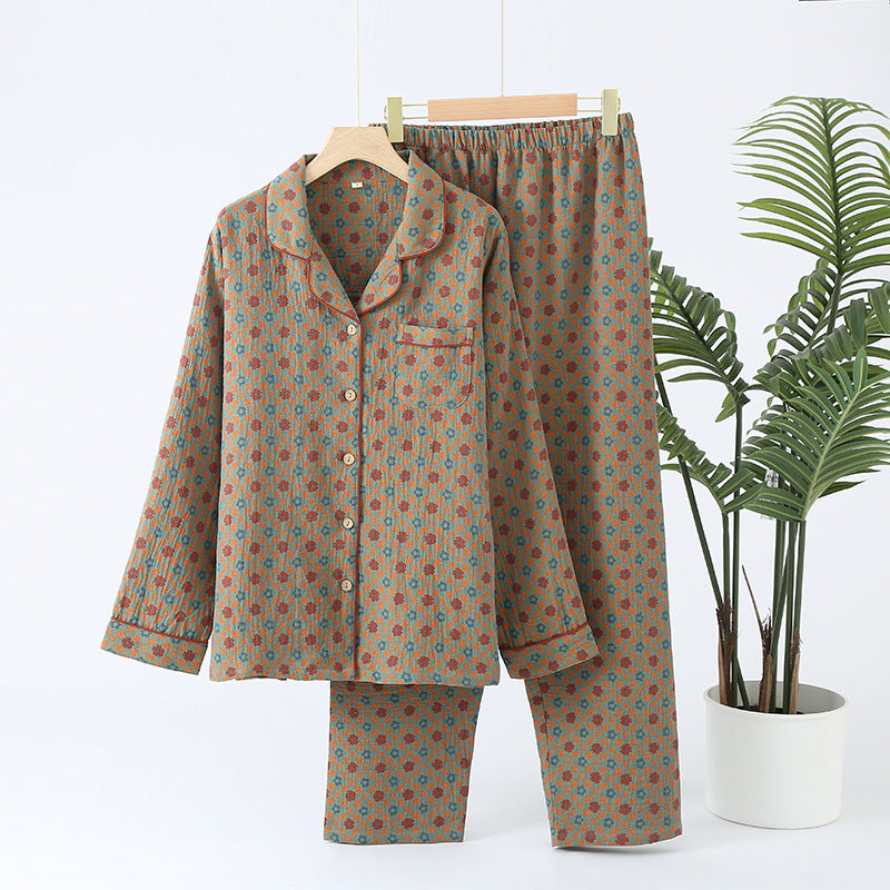 Jacquard Pysjamasett i Bomull (Garnfarget) – 2-delt Langermet Sett med Etnisk Mønster | Høst Loungewear