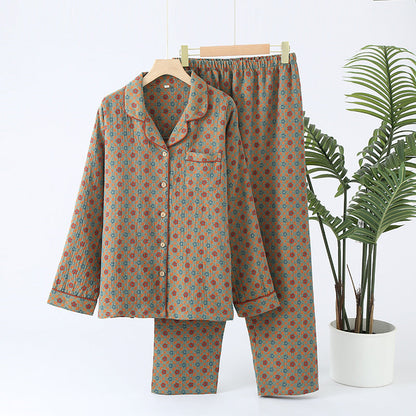 Jacquard Pysjamasett i Bomull (Garnfarget) – 2-delt Langermet Sett med Etnisk Mønster | Høst Loungewear