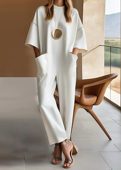 Odette | Elastisk oversized buksedress med tunika og vide ben – Hvit