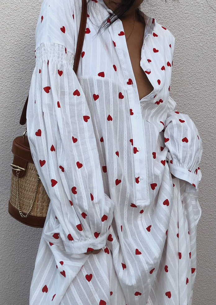 Sommer Oversized Hjerter Brodert Skjortekjole