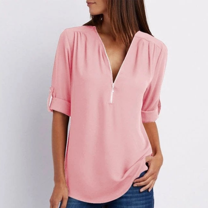 Pippa | Lett bluse med glidelås i V-halsen og oppbrettbare ermer – Rosa