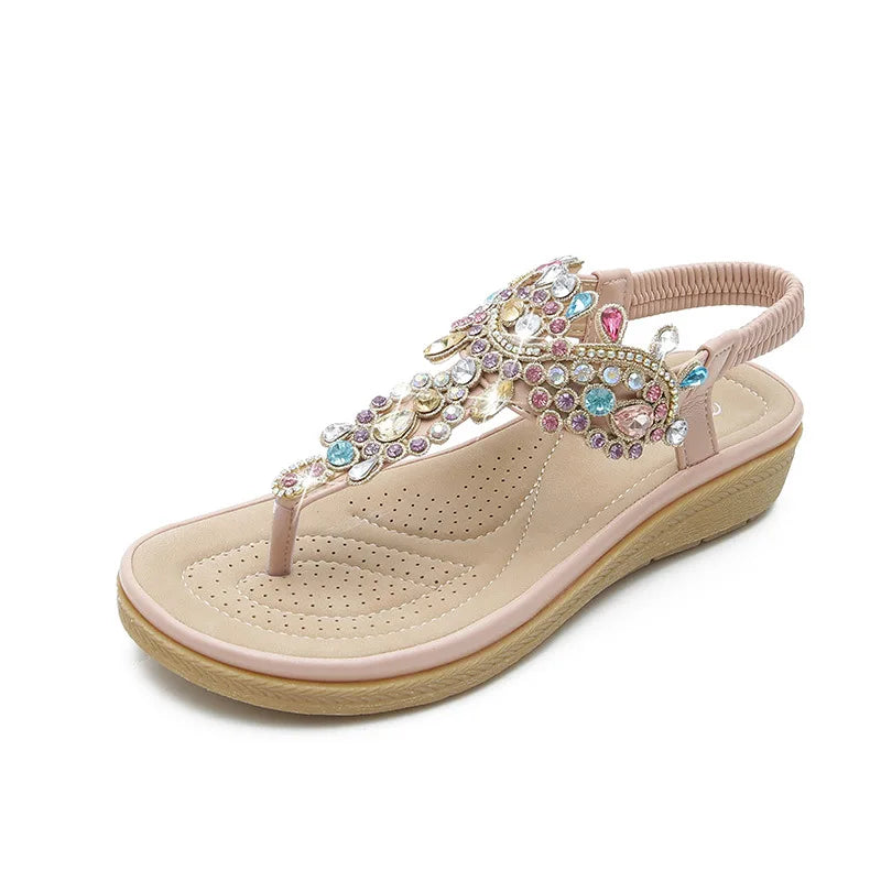 Fasjonable damesandaler med rhinestones og platå