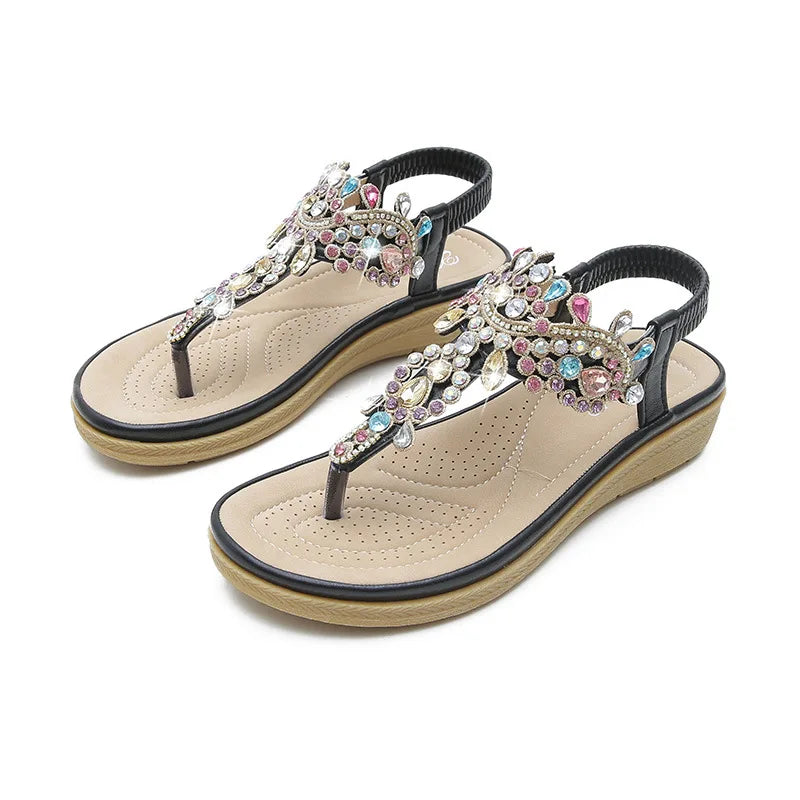 Fasjonable damesandaler med rhinestones og platå