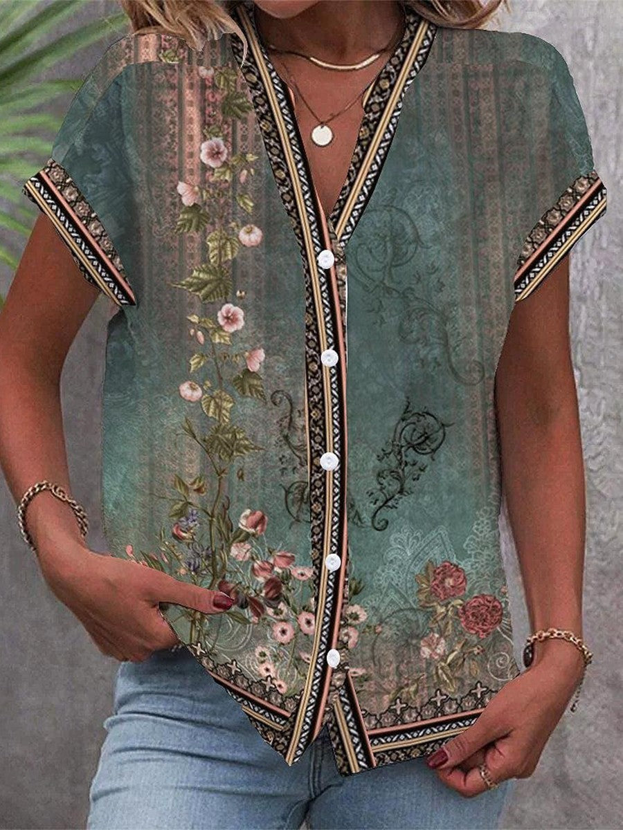 Priya | Lett bohemsk bluse med blomstermønster og V-hals – S