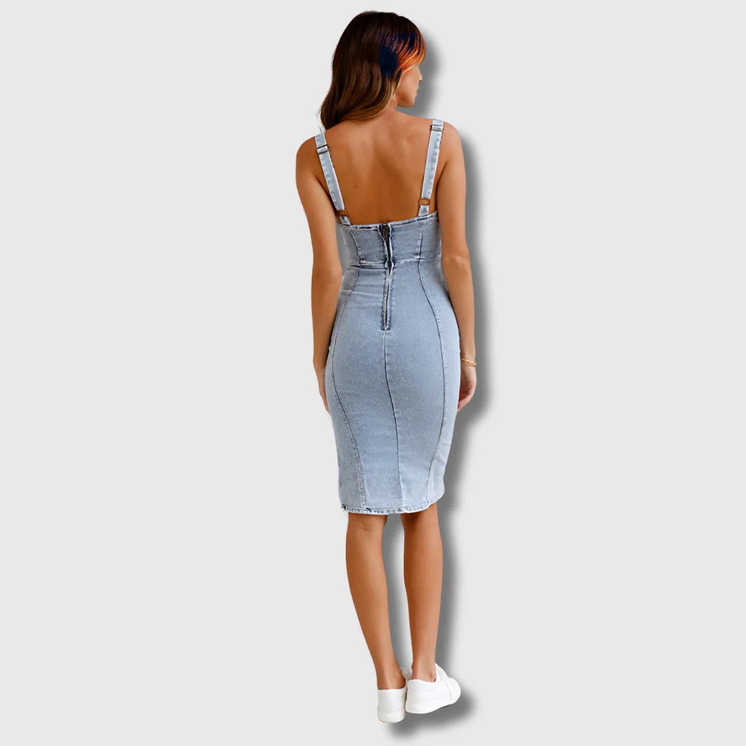 Reeva | Tettsittende midikjole i denim med korsettoverdel og sidesplitt
