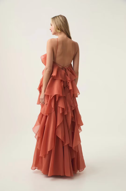 Rosalind | Lagdelt maxikjole i chiffon med volanger og halterneck