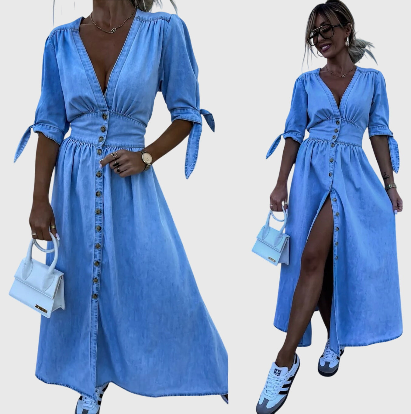 Roslyn | Maxikjole i denim med V-hals, knytemansjetter og knappefront