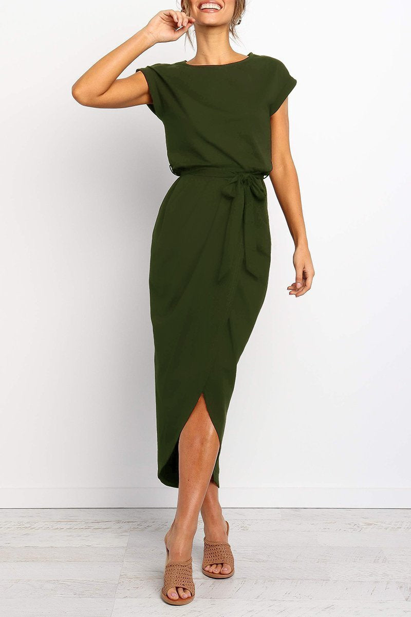 Rowena | Beltet omslagsmidikjole i chiffon med capermer