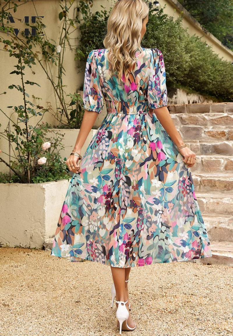 Elegant blomsterfest Midi-kjole med pufferm