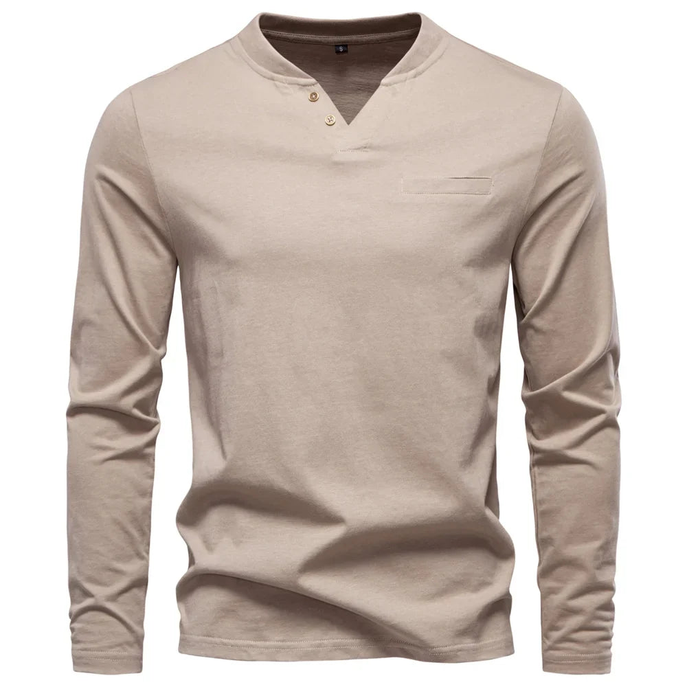 Klassisk Henley Langermet T-skjorte for Menn – 100 % Bomull | Myk, Pustende og Elegant Topp i Premium Kvalitet