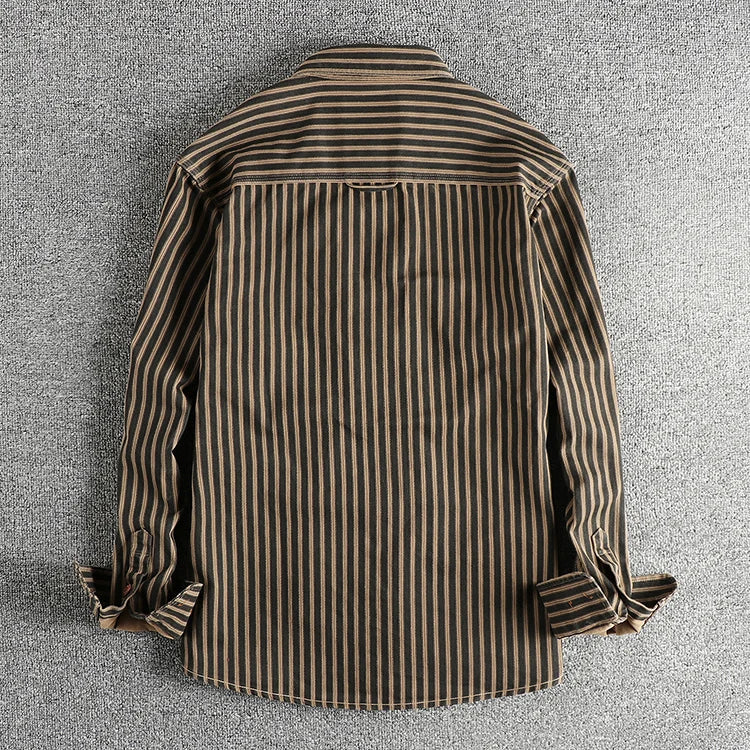 Retro Stripet Skjorte for Menn – Amerikansk Vasket Look med Lommer | Casual Langermet Skjorte for Høst og Vinter 2025