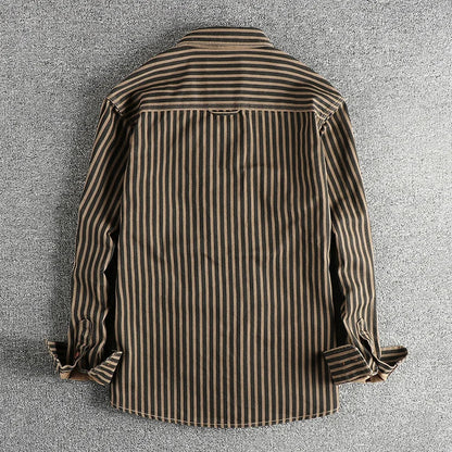 Retro Stripet Skjorte for Menn – Amerikansk Vasket Look med Lommer | Casual Langermet Skjorte for Høst og Vinter 2025 (Copy)