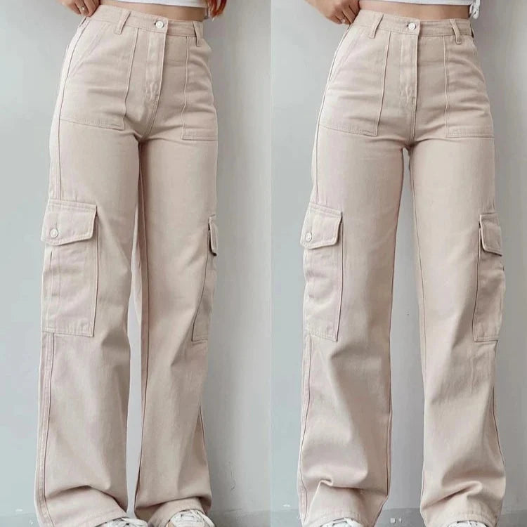 Vintage Cargo Bukser til Dame – Trendy Y2K Parachute Pants i Beige – Hvit