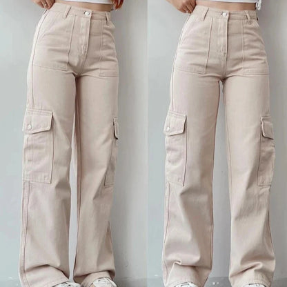 Vintage Cargo Bukser til Dame – Trendy Y2K Parachute Pants i Beige – Hvit