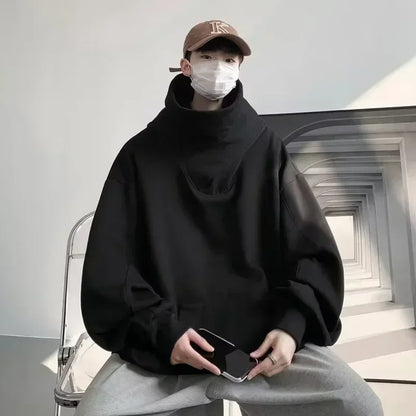 Ninja Hettegenser for Menn – Ensfarget Y2K Hoodie med Høy Hals | Oversized Streetwear i Fleece for Høst og Vinter
