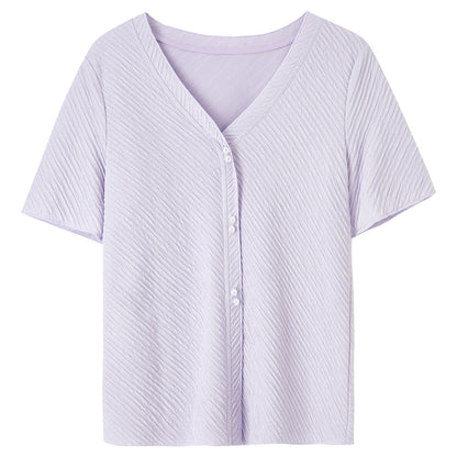 Stripet Strikket Topp til Dame – V-hals med Perleknapper og Elegant Sommerstil