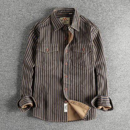 Retro Stripet Skjorte for Menn – Amerikansk Vasket Look med Lommer | Casual Langermet Skjorte for Høst og Vinter 2025 (Copy)