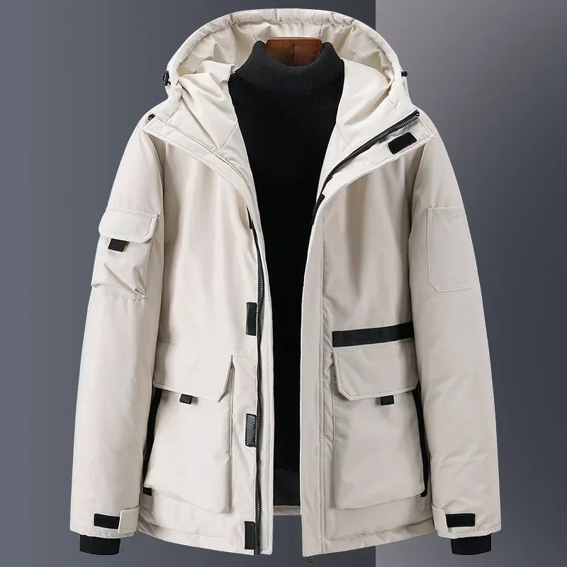 Herre Dunjakke – 100% Hvit Andedun | Varm Parkas med Hette &amp; Designerstil