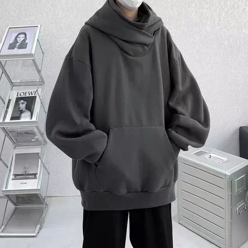 Ninja Hettegenser for Menn – Ensfarget Y2K Hoodie med Høy Hals | Oversized Streetwear i Fleece for Høst og Vinter