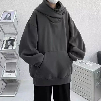 Ninja Hettegenser for Menn – Ensfarget Y2K Hoodie med Høy Hals | Oversized Streetwear i Fleece for Høst og Vinter