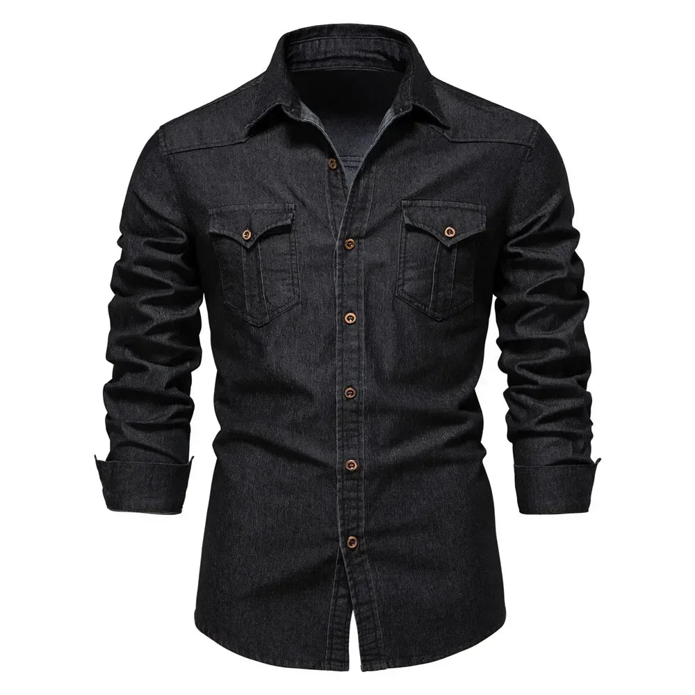 Slim Fit Denimskjorte for Herre – Elastisk Bomull og Klassisk Cowboy-stil med Moderne Passform