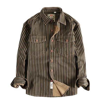 Retro Stripet Skjorte for Menn – Amerikansk Vasket Look med Lommer | Casual Langermet Skjorte for Høst og Vinter 2025 – Khaki stripet