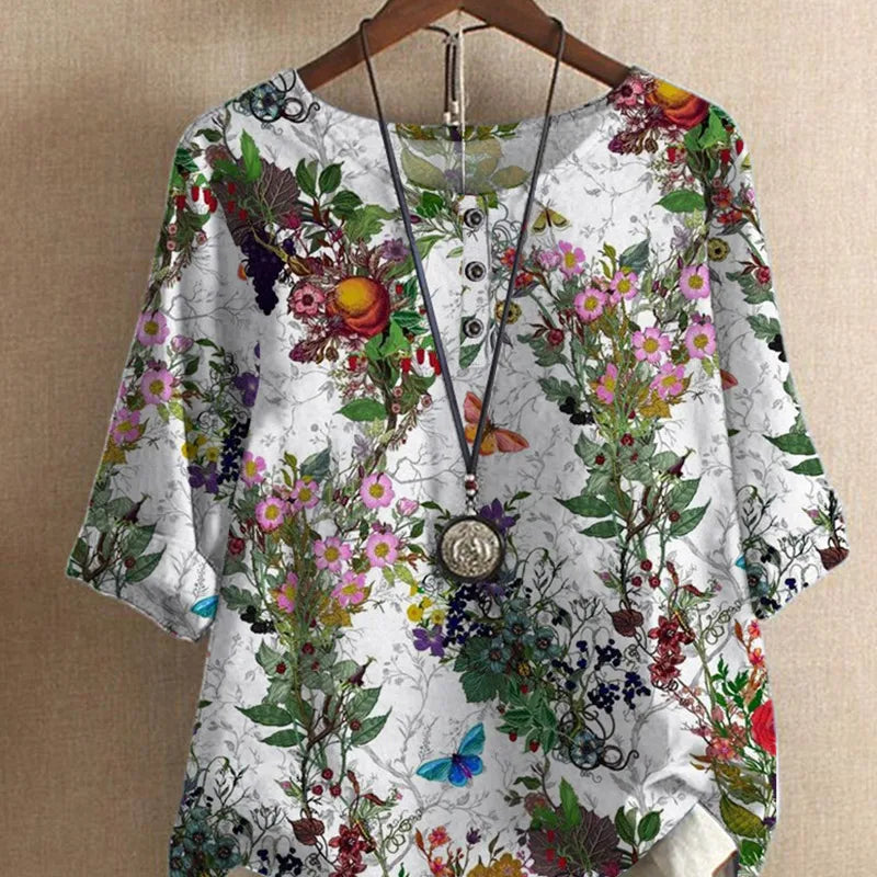 Etnisk Vintage-Print Bluse – Løs Passform, O-hals og Halvlange Ermer