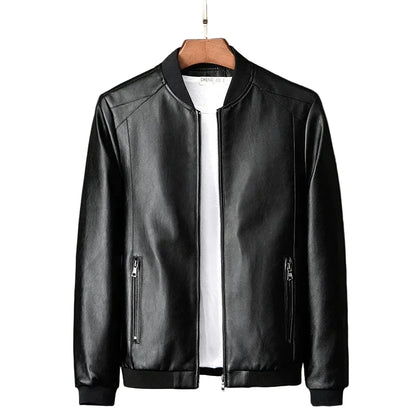 Svart PU Skinnjakke for Menn – Koreansk Bikerstil i Slim Passform | Trendy Baseball-inspirert Jakke (Opptil 8XL)