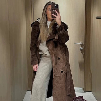 Lang Semsket Frakk for Dame – Elegant Dobbeltspent Jakke med Belte | Vintage Stil til Høst og Vinter 2025