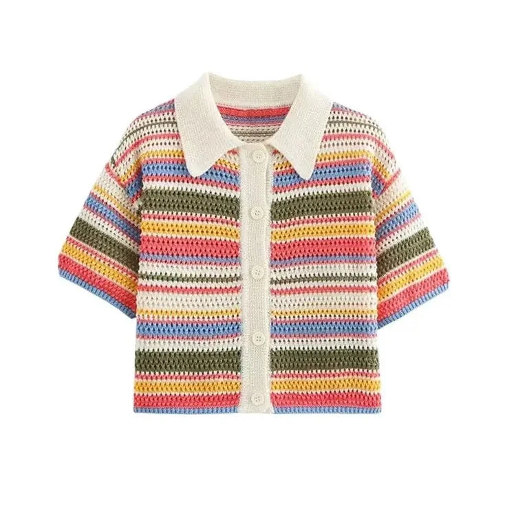 Stripet heklet cropped genser – polokrage, kort erm (dame)