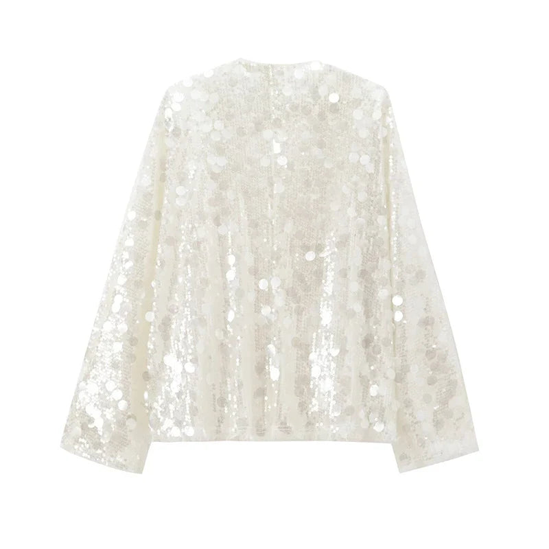 Paljett Kimono for Dame – Elegant V-hals Jakke med Lange Ermer | Glamorøs &amp; Løs Passform til Høst og Fest
