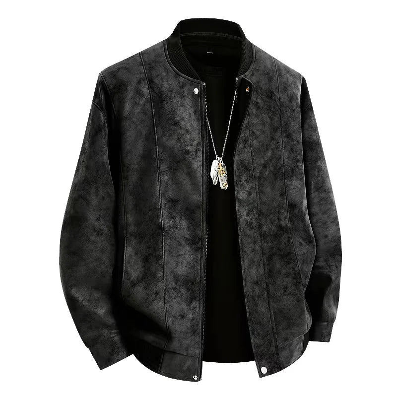 Herrejakke i Semsket Skinn – Retro Bomber med Baseball-krage | Slim Fit &amp; Streetwear