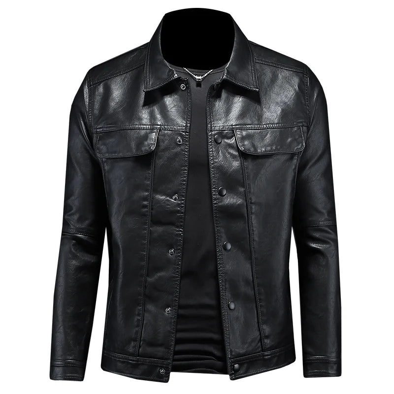 Stilren Herre Skinnjakke med Krage – Slim Fit Motorsykkeldesign i Ensfarget Look (M–5XL) – Svart