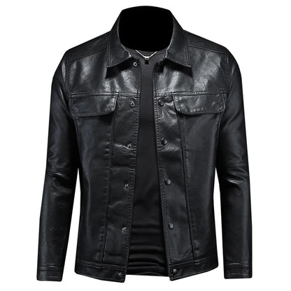 Stilren Herre Skinnjakke med Krage – Slim Fit Motorsykkeldesign i Ensfarget Look (M–5XL) – Svart