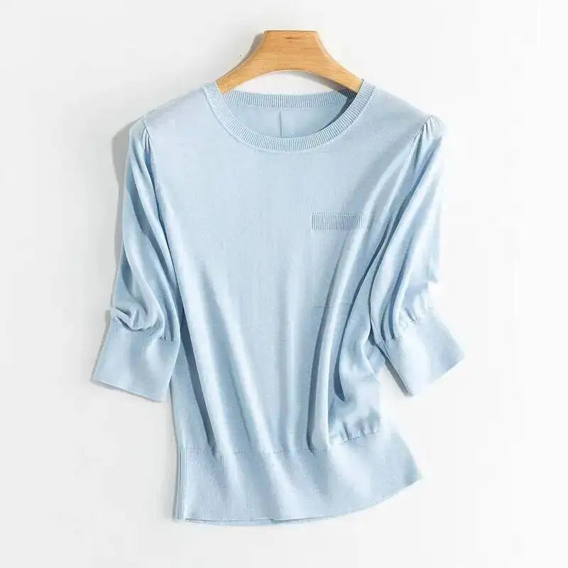 Strikket Silke T-skjorte til Dame – Lett Half Sleeve Sommertopp