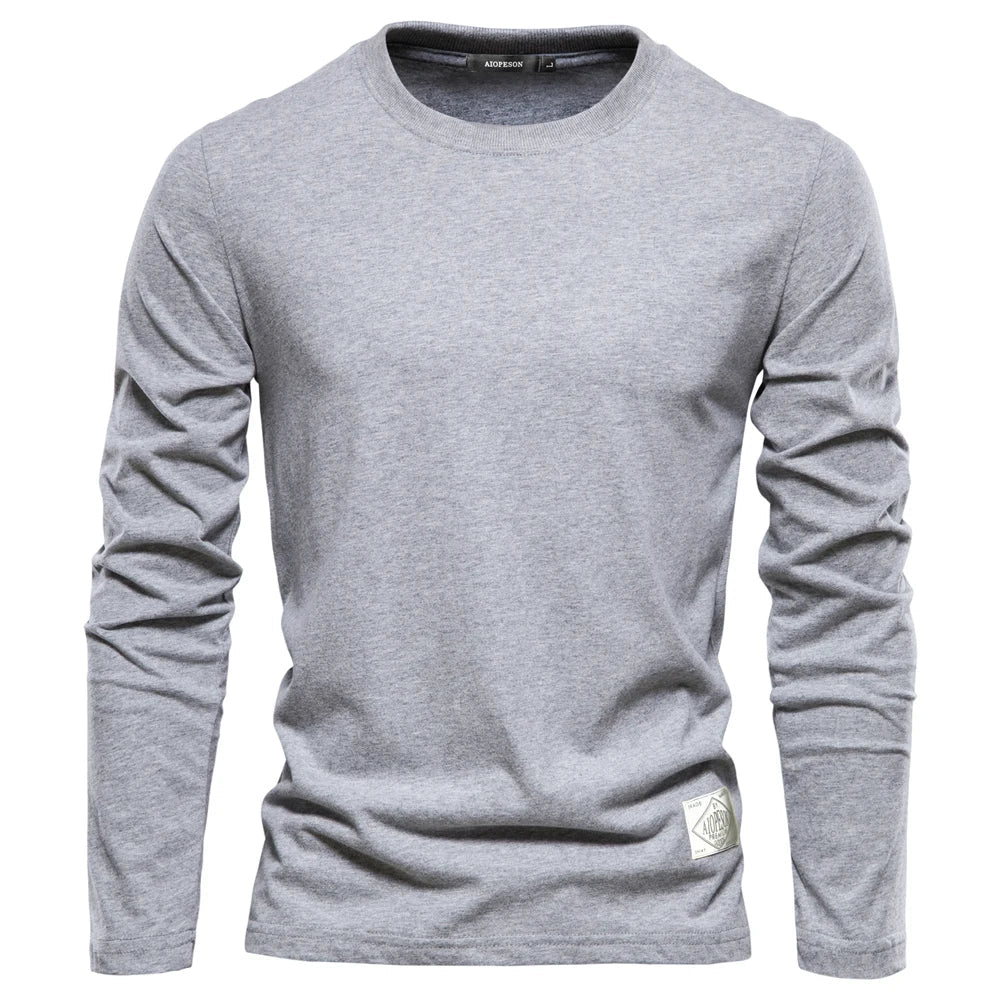 Langermet T-skjorte for Herre – 100% Bomull, Ensfarget og Klassisk Passform til Vår og Hverdag