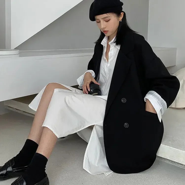 Vintage Blazer for Dame – Løs Dobbelspent Dressjakke med Lange Ermer | Elegant &amp; Trendy Høststil 2025