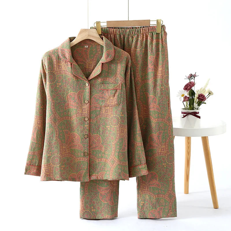 Jacquard Pysjamasett i Bomull (Garnfarget) – 2-delt Langermet Sett med Etnisk Mønster | Høst Loungewear