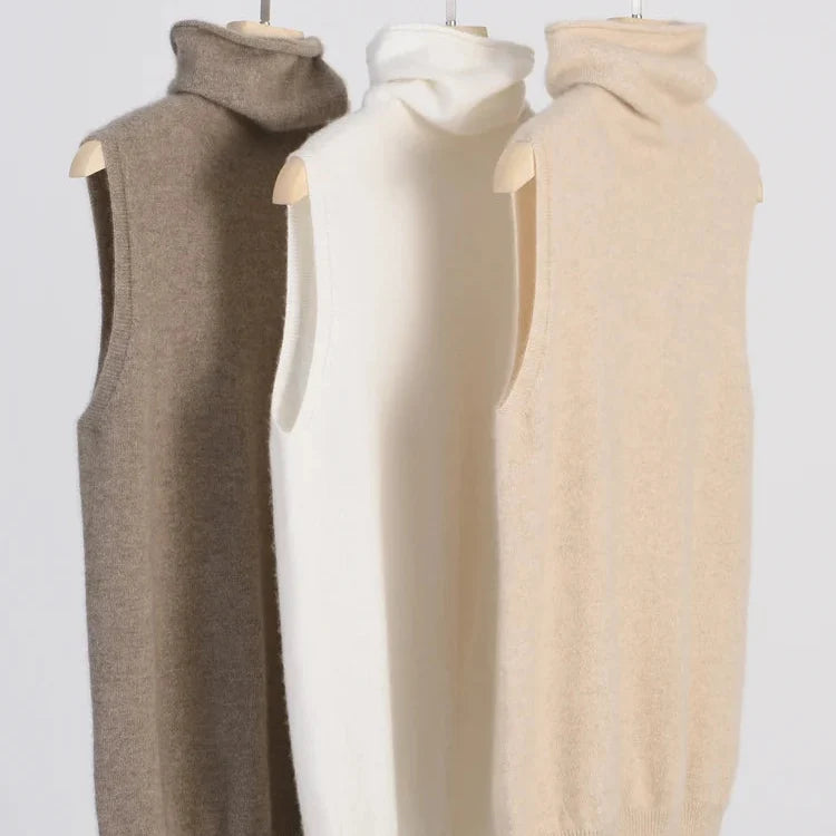 Ermeløs Høyhalset Vest i 100% Merinoull – Elegant Strikket Pullunder for Dame | Vår, Høst &amp; Vinter