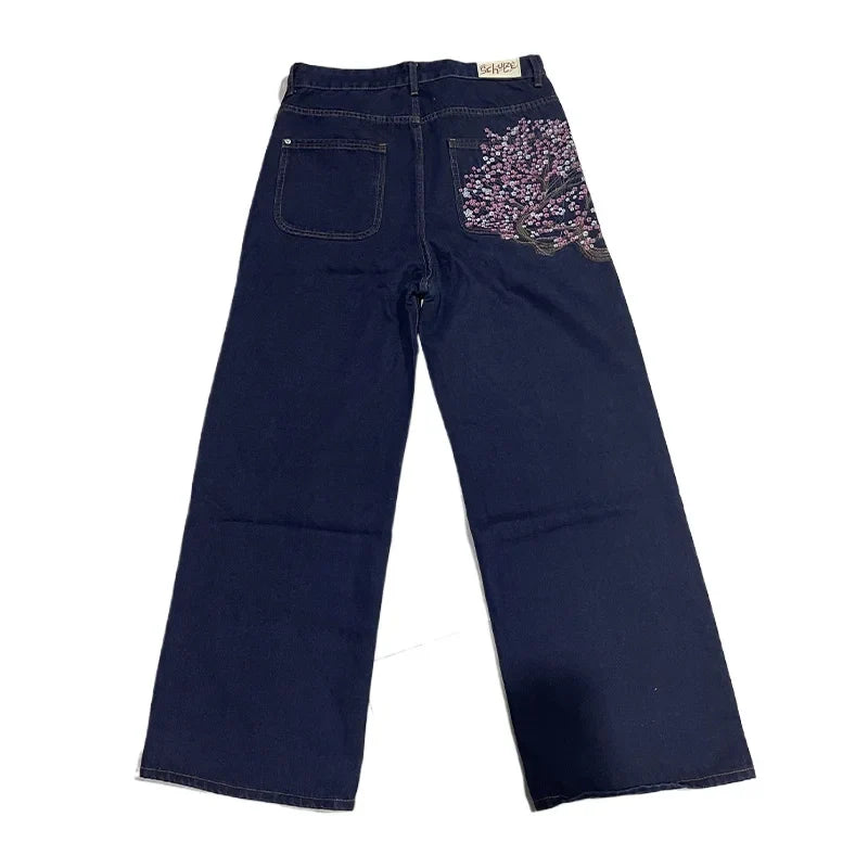 Y2K Harajuku Jeans – Vide Denim Bukser med Broderte Plomster | Unisex Goth &amp; Streetwear Stil