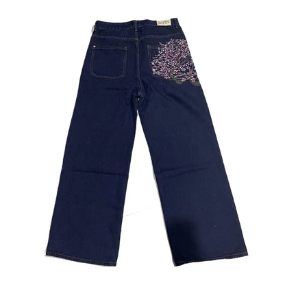 Y2K Harajuku Jeans – Vide Denim Bukser med Broderte Plomster | Unisex Goth &amp; Streetwear Stil