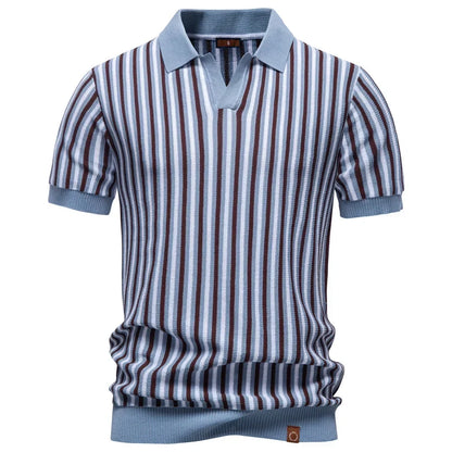 Strikket Polo for Herre med Striper – Kortermet V-hals Business Casual